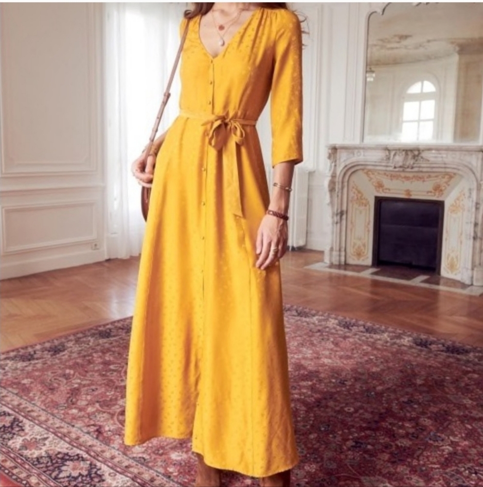 🥳Host Pick🥳 Never Worn- Sezane Gillian Gold Yelloe Floral Dress Size 36